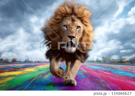 Fierce Lion Running Across Colorful Psychedelic Background with Intense Expression 134866627