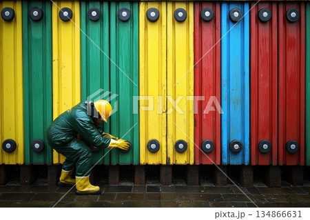Worker in Safety Jacket and Insulated Gloves Handling Equipment with Colorful Background 134866631