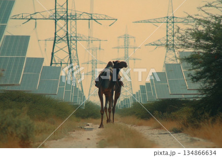 Camel Walking Along Path Surrounded by Solar Panels Under Power Lines Camel Walking Along Path Surrounded by Solar Panels Under Power Lines 134866634