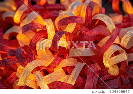 Vibrant Abstract 3D Background with Flowing Ribbons in Red and Gold Tones 134866647