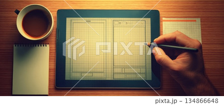 Creative UX Designer Wireframing App Concepts on Tablet with Sketchpad and Coffee 134866648