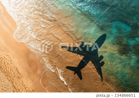 Airplane Flying Over Exotic Beach Destination with Clear Waters and Sandy Shoreline 134866651