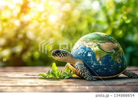 Giant Turtle with Earth on Shell in Natural Environment Symbolizing Conservation and Nature Giant Turtle with Earth on Shell in Natural Environment Symbolizing Conservation and Nature 134866654
