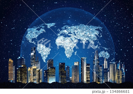 Digital Skyline with Glowing Aurora and World Map Under a Starry Night Background 134866681