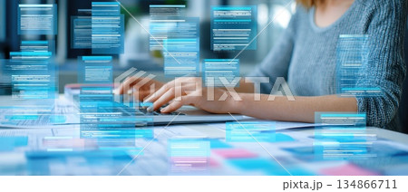 Legal Consultant Reviewing Digital Case Files with Advanced Software Technology 134866711