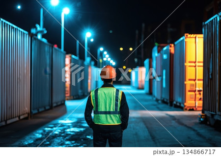 Supervisor in High Visibility Vest Inspects Truck During Night at Container Yard Supervisor in High Visibility Vest Inspects Truck During Night at Container Yard 134866717