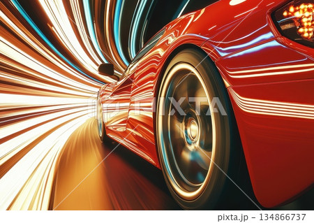 Sleek Sports Car Speeding Down a Colorful Road with Dramatic Motion Blur Effect Sleek Sports Car Speeding Down a Colorful Road with Dramatic Motion Blur Effect 134866737