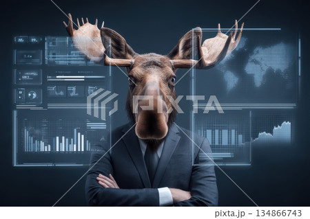 Stylish Moose in Carbon Fiber Suit Against Digital Background with Data Panels Stylish Moose in Carbon Fiber Suit Against Digital Background with Data Panels 134866743