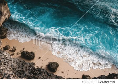 Stunning High-Resolution Aerial View of Turquoise Ocean Waves Crashing on Sandy Beach Shoreline Stunning High-Resolution Aerial View of Turquoise Ocean Waves Crashing on Sandy Beach Shoreline 134866746