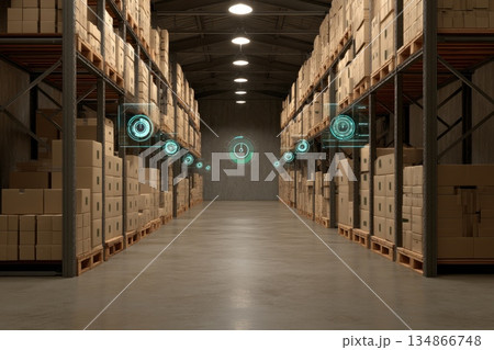 Modern Smart Warehouse Space with Soft Ambient Light and Illuminated Storage Areas 134866748