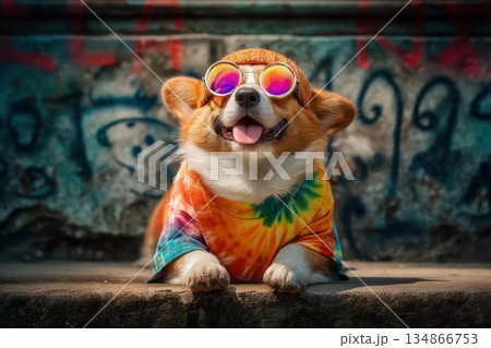 Happy Chunky Corgi Wearing Colorful Summer Shirt and Sunglasses Happy Chunky Corgi Wearing Colorful Summer Shirt and Sunglasses 134866753