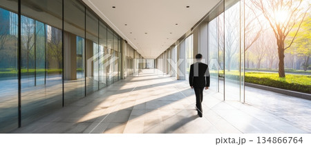 Businessman Walking Through Modern Corporate Lobby with Natural Light and Greenery 134866764
