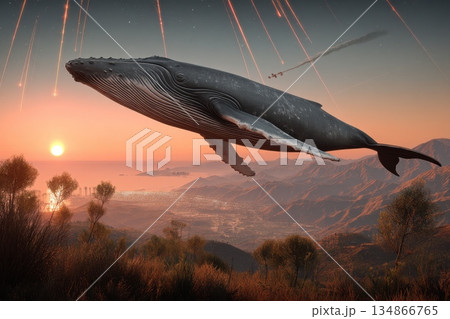 Enormous Robotic Whale Soaring Through a Neon Sky at Sunset Over a Mountain Landscape 134866765