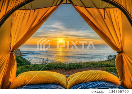 Serene Ocean View from Tent Overlooking Peaceful Coastline at Sunset Serene Ocean View from Tent Overlooking Peaceful Coastline at Sunset 134866799