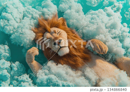 Golden Lion Relaxing and Basking in Warmth Among Soft Clouds Golden Lion Relaxing and Basking in Warmth Among Soft Clouds 134866840