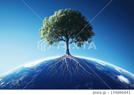 Surreal Futuristic Composition of a Tree with Roots on Earth in Blue Sky Surreal Futuristic Composition of a Tree with Roots on Earth in Blue Sky 134866841
