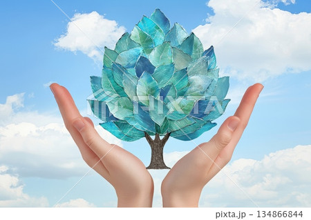 Hands Holding a Futuristic Tree Symbolizing Environmental Conservation Hands Holding a Futuristic Tree Symbolizing Environmental Conservation 134866844