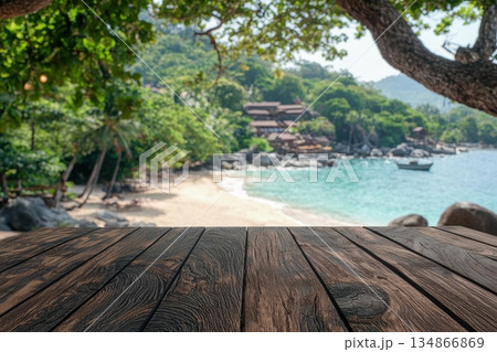 Rustic Wooden Table in Foreground with Tropical Landscape in Background Rustic Wooden Table in Foreground with Tropical Landscape in Background 134866869