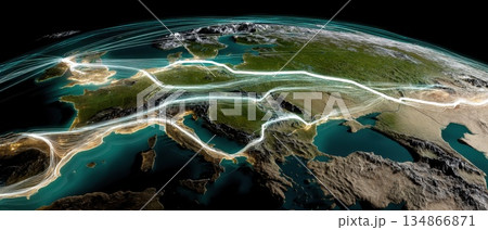 Aerial View of Global Terrain with Technology Overlays and Data Connections Aerial View of Global Terrain with Technology Overlays and Data Connections 134866871