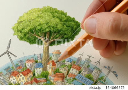 Hand Holding Pencil Sketching Colorful House Designs Surrounded by Nature and Wind Turbines Hand Holding Pencil Sketching Colorful House Designs Surrounded by Nature and Wind Turbines 134866873