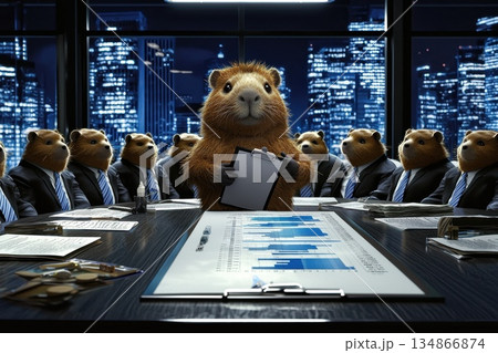 Chubby Capybara Leading Meeting at Roundtable in Cityscape with Business-Like Atmosphere 134866874