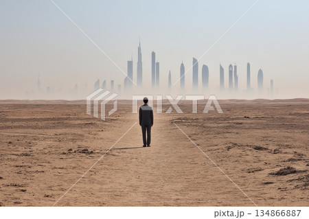 Person in Smart Jacket Standing in an Open Field with City Skyline in Background 134866887