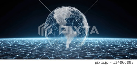 Floating Holographic Earth Over Dark Tech Surface with Network Connections and Grid Lines Floating Holographic Earth Over Dark Tech Surface with Network Connections and Grid Lines 134866895