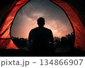 Low Angle Shot of Camper Sitting by Their Tent Under a Starry Sky at Night 134866907