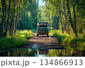 Modern Vehicle Crossing Rustic Wooden Bridge Surrounded by Lush Greenery in Nature 134866913