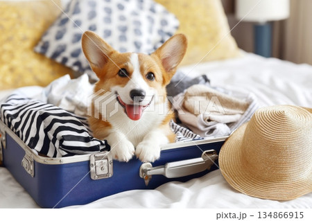 Happy Dog in Summer Travel Suitcase Ready for Adventure and Fun with Pet on Vacation Happy Dog in Summer Travel Suitcase Ready for Adventure and Fun with Pet on Vacation 134866915