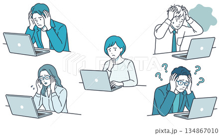 PC作業中に行き詰まる男女のイラストセット_業務トラブル・課題・困惑(AI制作) PC作業中に行き詰まる男女のイラストセット_業務トラブル・課題・困惑(AI制作) 134867010