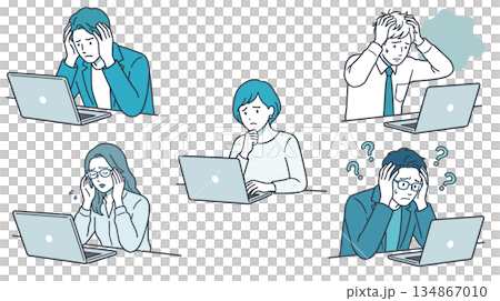 PC作業中に行き詰まる男女のイラストセット_業務トラブル・課題・困惑(AI制作) PC作業中に行き詰まる男女のイラストセット_業務トラブル・課題・困惑(AI制作) 134867010
