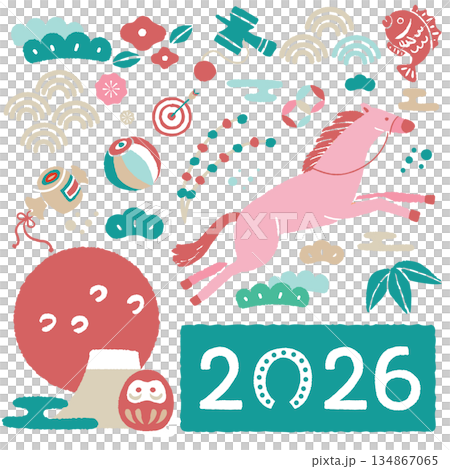 可愛的手繪馬年新年賀卡素材 134867065