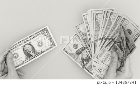 Dollar Dilemma Comparing a Single Bill to a Wealthy Stack of Hundred Dollar Notes. Colour of the year Cloud Dancer. 134867241