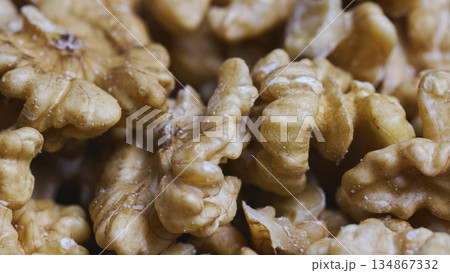 Pile of Shelled Walnuts Texture Macro Background. High quality photo 134867332