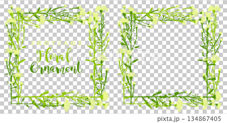 フロッタージュで描いた、花と葉の切り抜きフレーム 134867405
