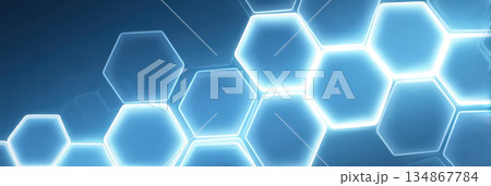 Futuristic glowing hexagon pattern forms medical background with soft blue light and network feel conveying technology health innovation and calm atmosphere 134867784