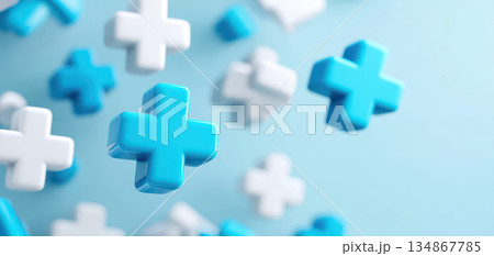 Floating medical cross symbols in blue and white create soft medical background with gentle depth and lighting conveying healthcare concept and calm clinical atmosphere 134867785