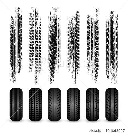 Grunge tire tracks, rubber wheels, and braking marks. Truck, car, or motorcycle tread pattern silhouettes. Perfect for auto racing, motorsport, and speed-related designs. Vector illustration 134868067