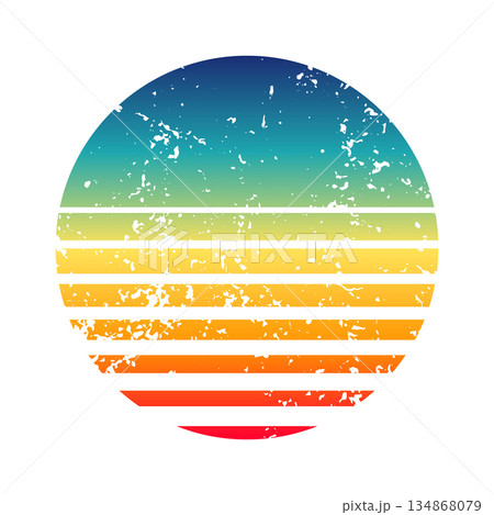 Vintage colorful sunset. Striped gradient sunrise badge in 80s and 90s style. Sun and ocean view, summer vibes, surfing. Design element for print, logo or t-shirt. Vector illustration 134868079