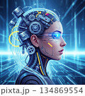 Cyborg woman with glowing blue eye and mechanical brain 134869554
