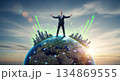 Businessman standing on globe with rising city skylines and green growth charts 134869555