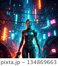 Futuristic robot woman in neon lit cyberpunk cityscape at night 134869663