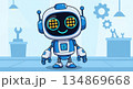 Cute robot with smiley face in workshop setting with tools 134869668