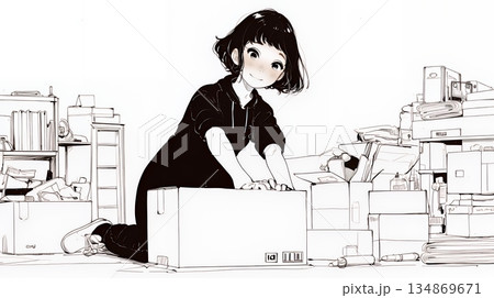 引っ越しの荷造り・荷解きをしている若い女性（シンプルな色使い）