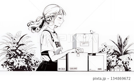 引っ越しの荷造り・荷解きをしている若い女性（シンプルな色使い）