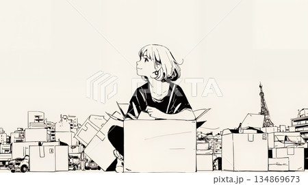 引っ越しの荷造り・荷解きをしている若い女性（シンプルな色使い）