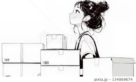 引っ越しの荷造り・荷解きをしている若い女性（シンプルな色使い）