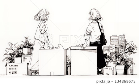 引っ越しの荷造り・荷解きをしている若い女性（シンプルな色使い）