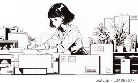 引っ越しの荷造り・荷解きをしている若い女性（シンプルな色使い）